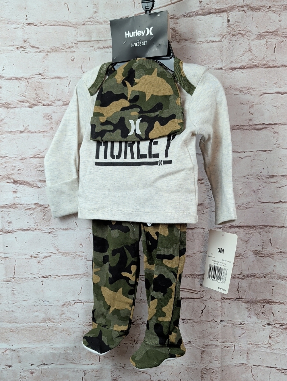 Hurley Infant 3-Piece Set - Green Camouflage & Heather Gray Boy's 3 Mos Nwt